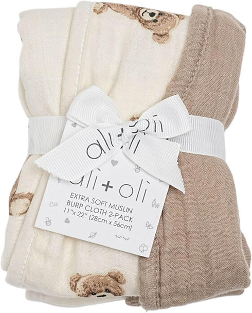 2-pk Ali+Oli Muslin Burp Cloths for Baby Boys and Girls (Teddy-Taupe) Organic Baby Burp Cloth, Burp Rags for Newborn