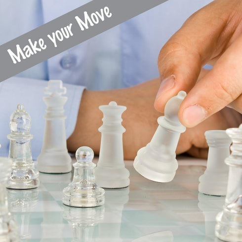 Gamie 14 Inch Glass Chess Set for 2 Players - Elegant Design - 32 Frosted and Clear Pieces - Durable Build