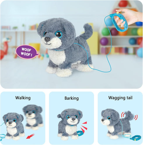 3+ YH YUHUNG Interactive Walking Dog Toy with Leash, Grey Puppy with Blue Ears, Electronic Barking & Tail Wagging Robot