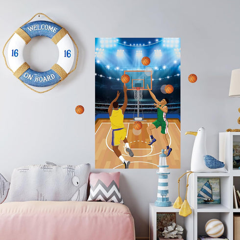 Basketball Party Game - Pin The Basketball on The Hoop with 36 Pcs Stickers, Large Poster for Kids Boys Men Birthday