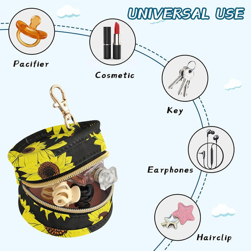 YETTASBIN Sunflowers Portable Pacifier Holder Case with Metal Hook Buckle & Zipper for Diaper Bag and Stroller