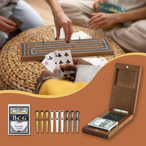 Set, 9 Wooden Cribbage Board Game Travel Cribbage Board with Storage and Collapsible, with Magnetic Lock / Metal