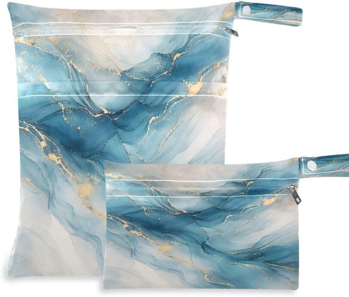 Haskirky Watercolor Marble Blue 2 Pcs Cloth Diaper Wet Dry Bags,Waterproof and Washable