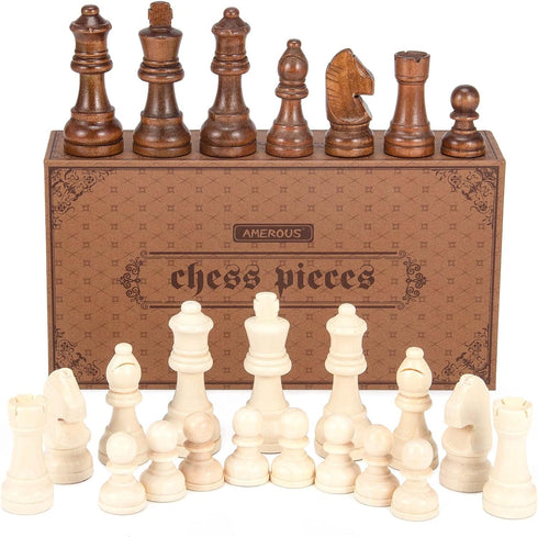 AMEROUS Wooden Chess Pieces with 2 Extra Queens / 3.0 Inch King / Storage Bag & Instructions for Chess Board