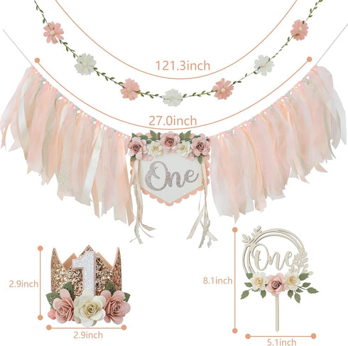 1st 1st DCJHFJ Wildflower High Chair Banner Birthday Party Decorations for Girl Light Pink One Flower Cake Topper