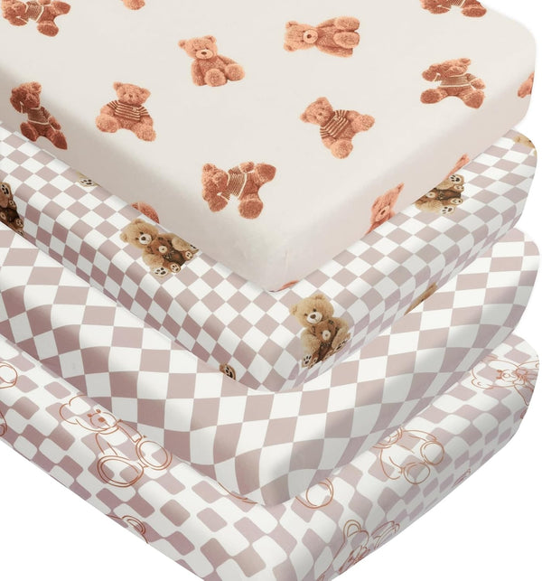 FIGEPO Fitted Baby Neutral Crib Sheets Bear and Buffalo Check Plaid Breathable Unisex
