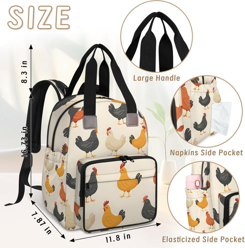 Shoblo Backpack Chicken Rooster Diaper Bag for Travel, Waterproof Diaper Bag with Insulated Bottle Pockets & USB Port