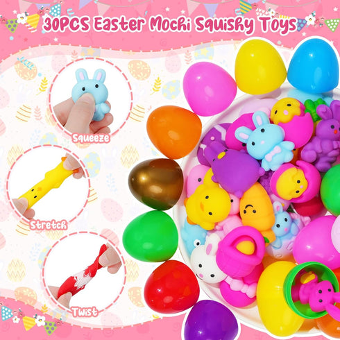 EUOCENK 30PCS Pre Filled Easter Eggs with Easter Mochi Squishy Toys, Pre-Stuffed Easter Eggs with Easter Squishies