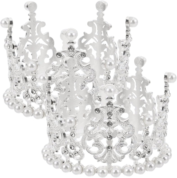 Amosfun 2pcs Mini Pearl Crown Cake Topper, Rhinestone Princess Tiara for Cupcake, DIY Birthday Wedding Party