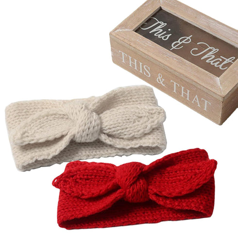 IZUS Baby Girl Turban Headband - Warm Rabbit Knot Hair Band, Knit Head Wrap for Newborn, Toddler, Children (Red + Beige)