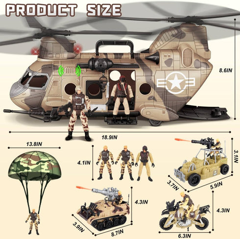Set Playset, deAO Military Helicopter Toys Army Men Army Toys with Soldier Action Figures, Combat Truck, Motorcycle
