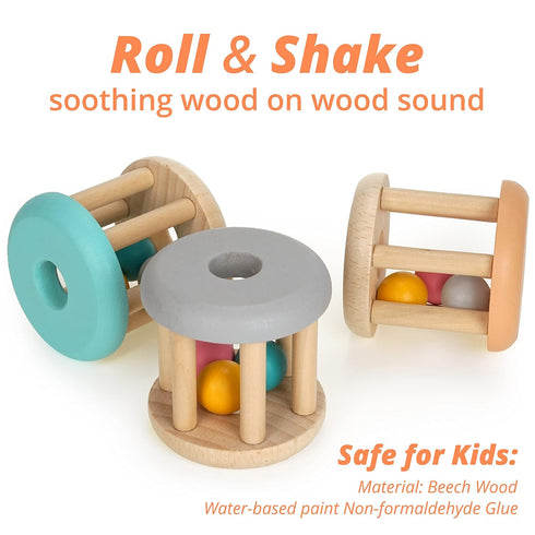 DUCKBOXX XX Montessori Infant Toys - Natural Wood Rolling Rattle Toy for Babies Ages 0m – 2yrs (3pcs Burlywood Base)