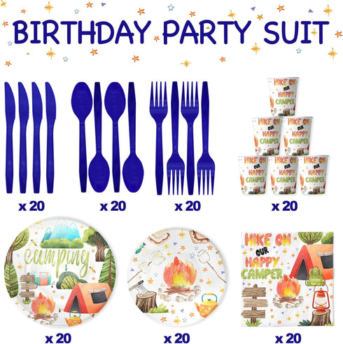 Camping Party Supplies Set, Outdoor Adventure Decorations for 20, Plates, Napkins, Cutlery for Birthday