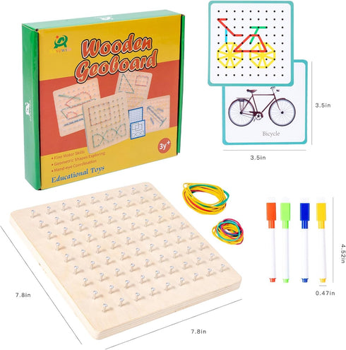 Wooden Geoboard with Rubber Bands, Educational Toy for Spatial Reasoning and Fine Motor Skills for Kids 3 Years+