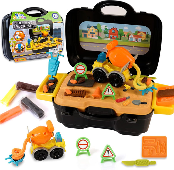 Cement Mixer Color Dough Set, Construction Truck Tools Kit with Portable Case for Kids Ages 3+, Non-Toxic Clay