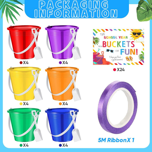 24 End of Year Student Gifts Beach Sand Toy Set with Plastic Buckets, Shovels, Gift Cards, Ribbon, and Beach Pails for