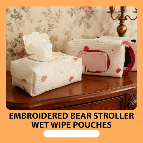 Generic (set1) Embroidered Bear Stroller Wet Wipe Pouches,Stylish Bear Embroidery Wet Wipe Pouches,Portable Baby Wipe