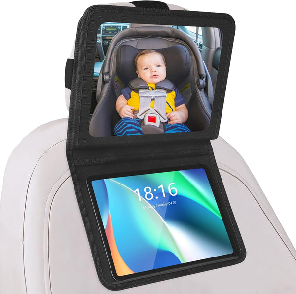 Baby Car Mirror with Adjustable Tablet Holder, Road Trip Essentials for Kids,