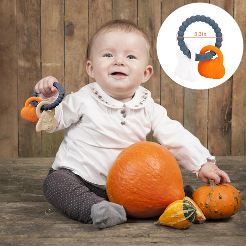 Halloween Baby Teether Toys, Silicone Teething Ring Toy with Rattles Pumpkin and Ghost, Dark Grey, for Babies 3-6-12