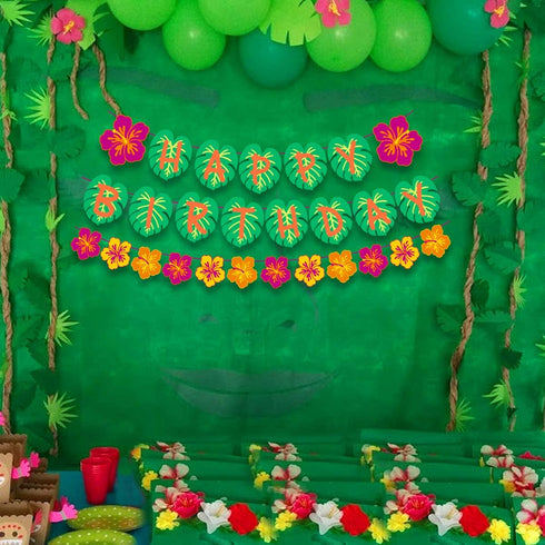 Hawaiian Party Happy Birthday Banner for Tropical Luau Party Decorations with Palm Leaf