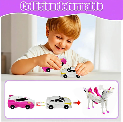WIESSOC 2 Collision Transforming Unicorn Car Toy, Magnetic Cars Transform into Unicorn Toys for Kids Toddler Fun