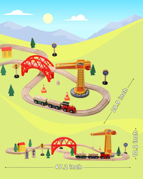 Set 41pcs 3+ SainSmart Jr. Wooden Train for Toddler, Wood Train Track w/Crane Fits Brio, Thomas, Melissa and Doug, Kids