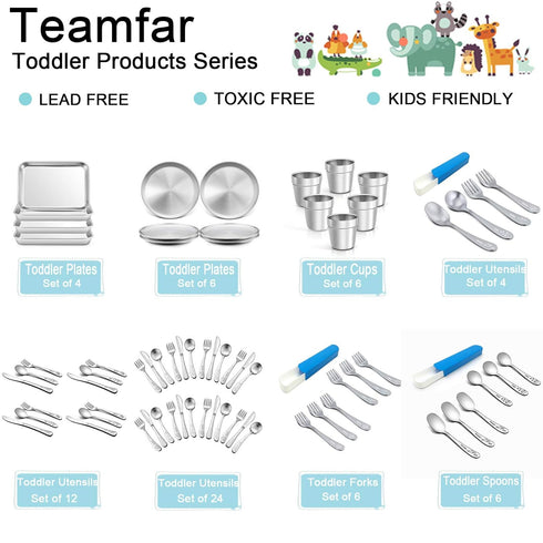 TeamFar Kids Plates Set of 4, Stainless Steel Toddler Training Trays, 7.3"×5.3"×0.8", Healthy & Toxic Free, Dishwasher