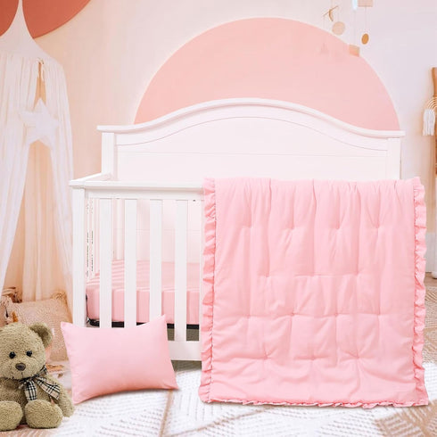 3 Set Set JISEN Piece Crib Bedding Soft Baby Ruffle Crib Comforter with Quilt, Sheet, Pillowcase - Nursery Bedding