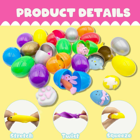 CHHOEAV 24 Pack Easter Mochi Squishy Toys Filled Easter Eggs, Plastic Easter Eggs Filled with Easter Squishy Toys