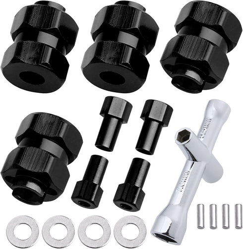 4 Pieces Aluminum Extended 7mm Hex Wheel Hubs & 8mm Thick Wheel Spacers for Axial SCX24 Models (Black)