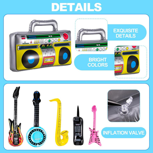 12 Pcs Inflatable Instruments, Rock Star Toy Set with Inflatable Guitar, Saxophone, Microphones for 80s 90s Party