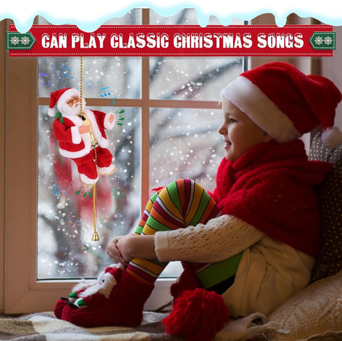 Climbing Santa Claus 9" Christmas Ornament - Battery Operated Toy with Light Music and Animated Climbing