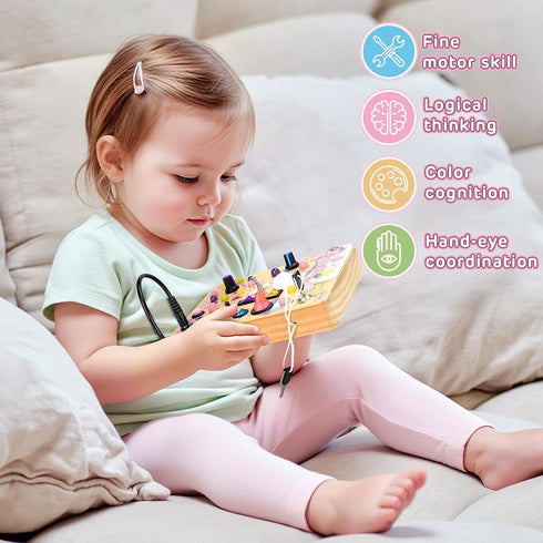 19 10 1 2 3 1-3 Joyreal Busy Board with LED Lights and Switches, Montessori Toys for Year Old, Wooden Sensory Activity