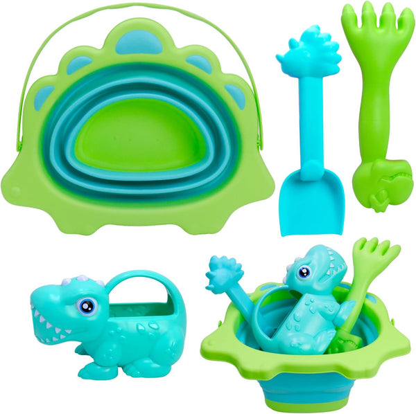 Beach Toys, Sand Box Toys for Kids Outdoor, 2.5L Silicone Collapsible Bucket, Dinosaur Watering Can, Shovels for Summer