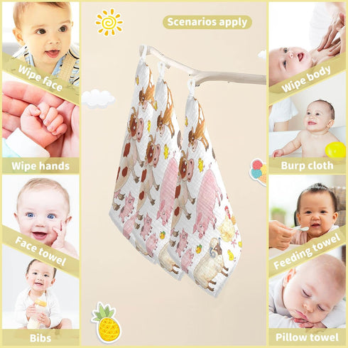 3 Pack 12 12 Inch Cow Pig Sheep Chick Burp Cloths for Boys Girls, Farmhouse Animals Muslin Washcloths, Newborn Face