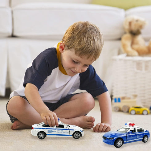 2 Pack Metal Diecast NY Police Cars - Pull Back Battery Powered with LED Headlights and Siren Sounds 1:32 Scale