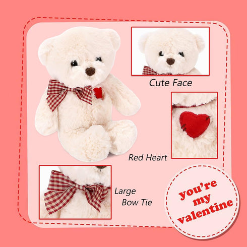 Small White Teddy Bear with Heart - Cute Valentine's Day Soft Stuffed Bear Plushie