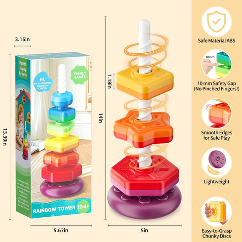 1-3, Baby Spinning Stacking Toys for Toddlers Sensory Montessori Toys for One Year Old Girl Boy, Rainbow Ring Stacker