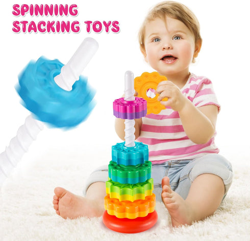 Baby Spinning Stacking Toys Sensory Toys for Toddlers 1-3, Rainbow Ring Spin Montessori Toys for Babies 6-12 Months, Autism Learning Toy for 1 2 3 One Year Old Girl Boy Christmas Birthday Gifts