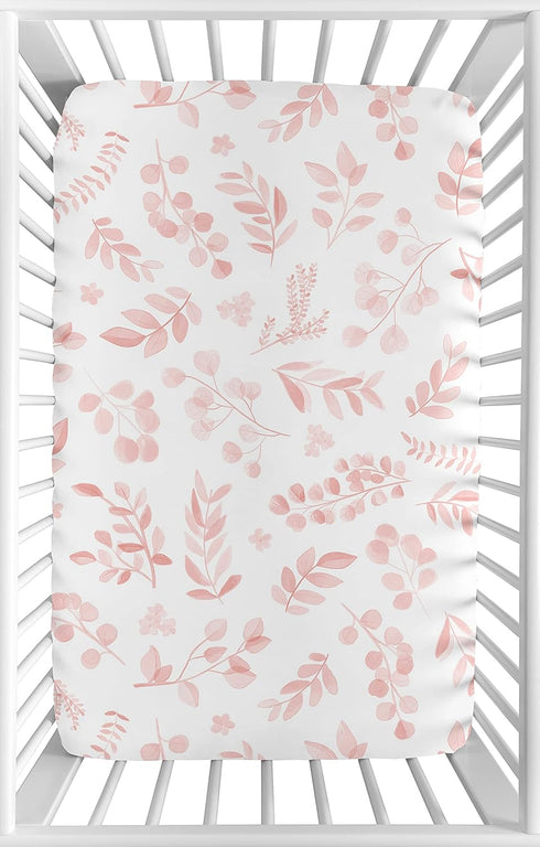 Sweet Jojo Designs Blush Pink and White Floral Leaf Girl Fitted Mini