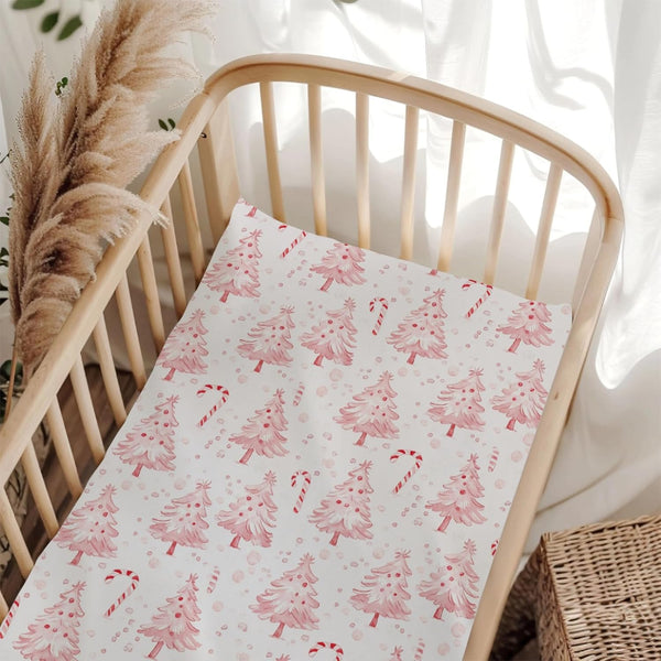 Wicbfdfv Pink Christmas Pine Trees Candy Fitted Baby Crib Sheet for Boys Girls