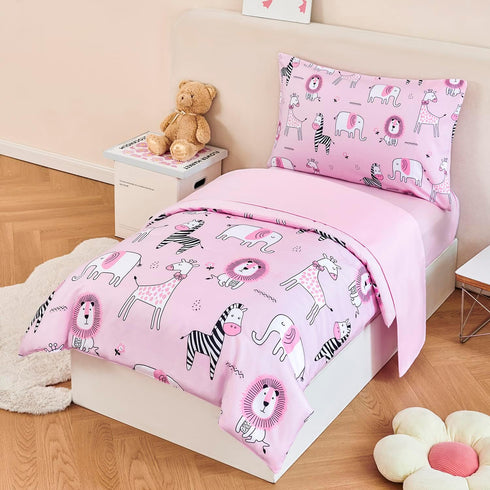 4-Piece Set Set URBONUR Toddler Bedding - Ultra Soft Cartoon Pink Zoo Animals Girls Toddler Comforter - Include