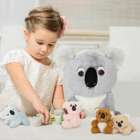 5Pcs 17.7 Inch, 4 Koala Bear Stuffed Animal Mom Koala Plush Toy with Adorable Babies Plushies in Zippered Back