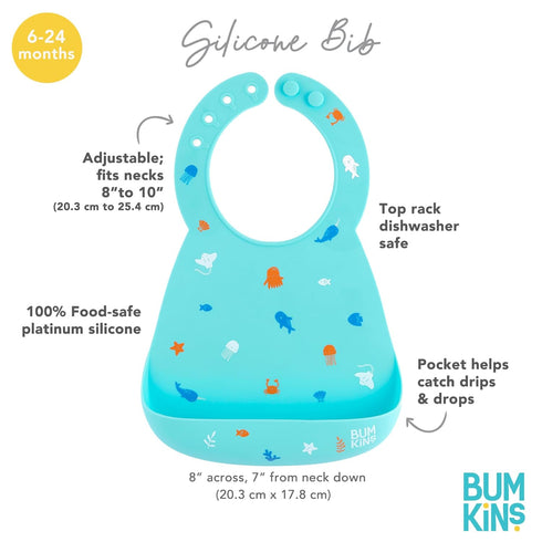 6-24 Bumkins Bibs, Silicone Pocket for Babies, Baby Bib for Girl or Boy, for Months Up to Toddler, Essential Must Have