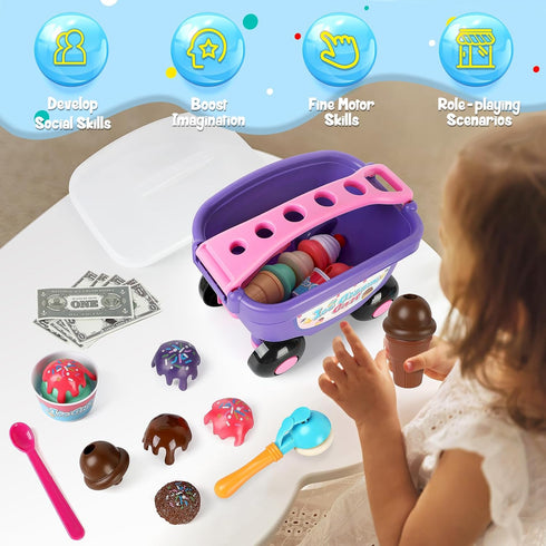Counter Set 3 4 5 6 Torlam Ice Cream Cart for Kids Toys, Pretend Play Food Toys Ice Cream Shop Play Scoop and Cone