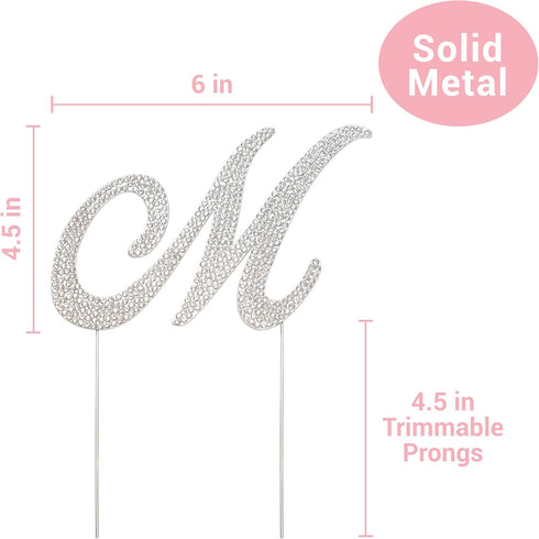 Letter M Cake Topper - Premium Silver Metal M Monogram Wedding or Anniversary Party Decoration, Sparkly Rhinestone