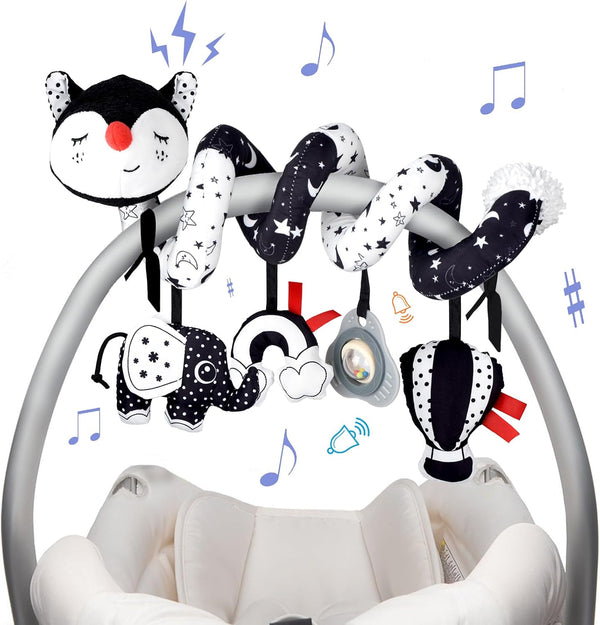 XIXILAND Black and White Musical Car Seat Toys - High Contrast Infant Stroller Toys for Newborns 0-6 Months