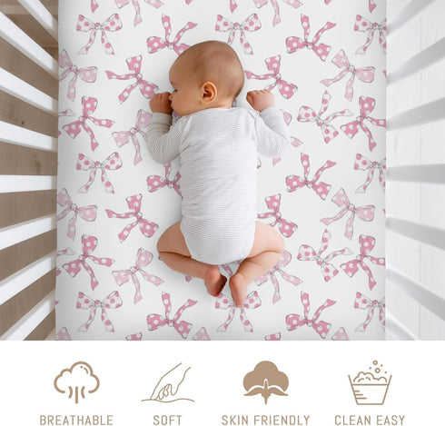 Selgkds 52''x28'' Pink Dot Bows Baby Crib Sheets for Girls Sweet Girly Bows Soft Stretchy Fitted Crib Mattress Covers