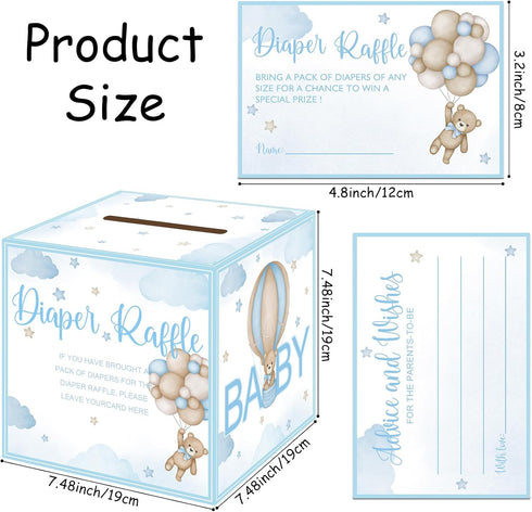 SZSHANN 51 Pcs Bear Diaper Raffle Tickets with Diaper Raffle Card Box for Baby Shower Supplies, Blue Bear Themed Insert