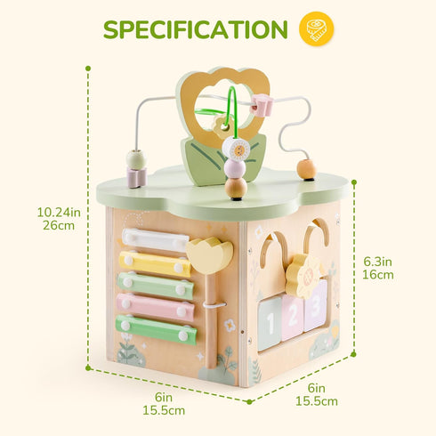 7 1+ ROBUD Wooden Activity Cube, Educational Wooden Toys with Functional Areas, Montessori Toys for Year Old Boys